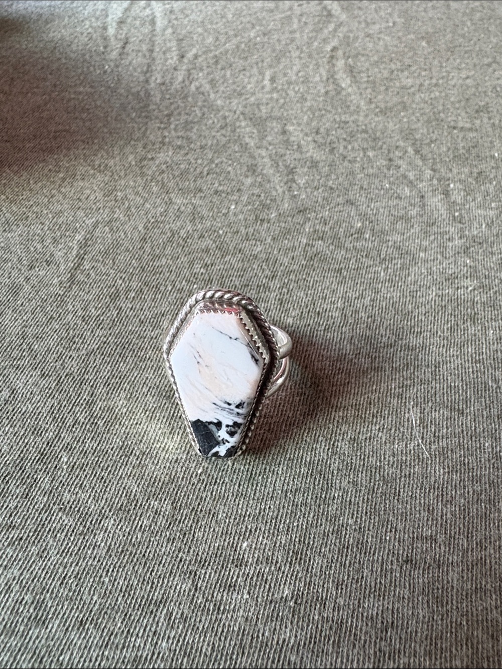 White and Black Marbled Stone Silver Ring - Women Jewelry